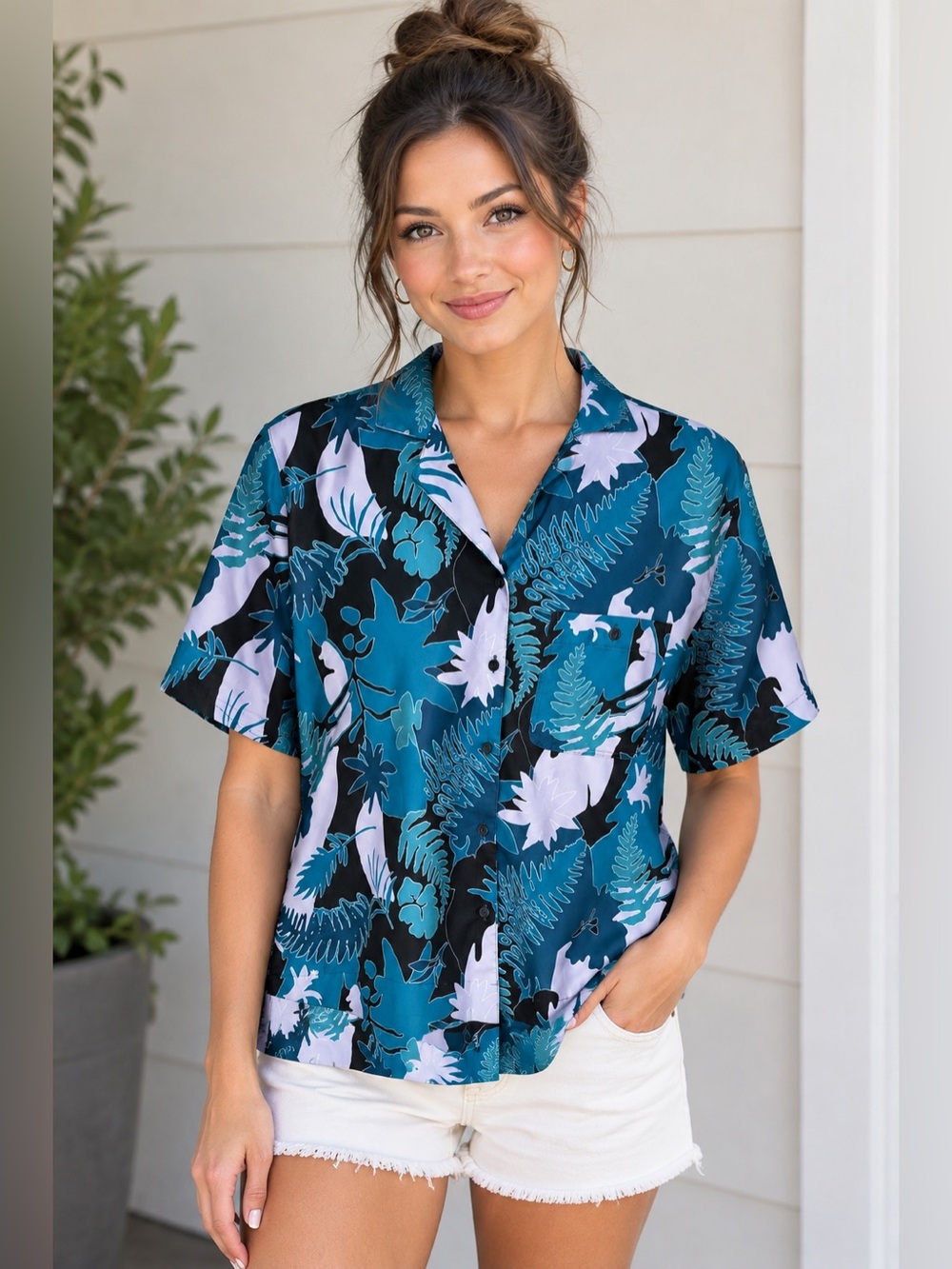 Mountain Hardwear Womens Small Hawaiian Aloha Shirt Floral Tropical Flowers Teal